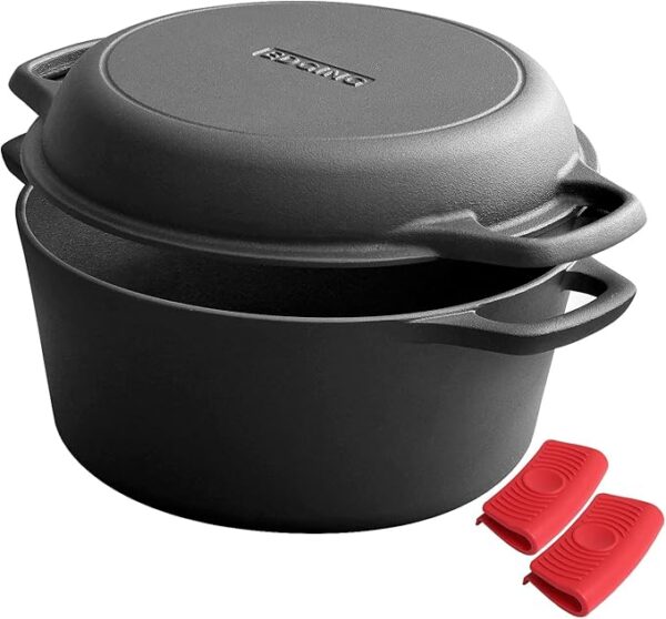 45% OFF LIMITED TIME DEAL"'2-in-1 Pre-Seasoned Cast Iron Dutch Oven Pot with Skillet Lid Cooking Pan