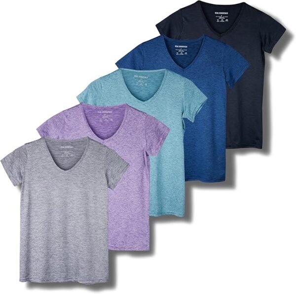 Real Essentials 5 Pack: Women's Short Sleeve V-Neck Activewear T-Shirt Dry
